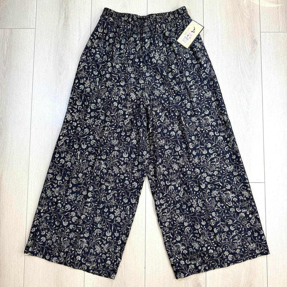Vintage A.K.I. New York Women's Floral Wide Leg Pants Black Gold Rayon Size L NW